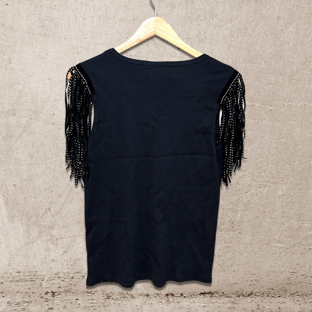 Vocal Black Fringe Sleeve Tank Top. Size Medium - Picture 2 of 5
